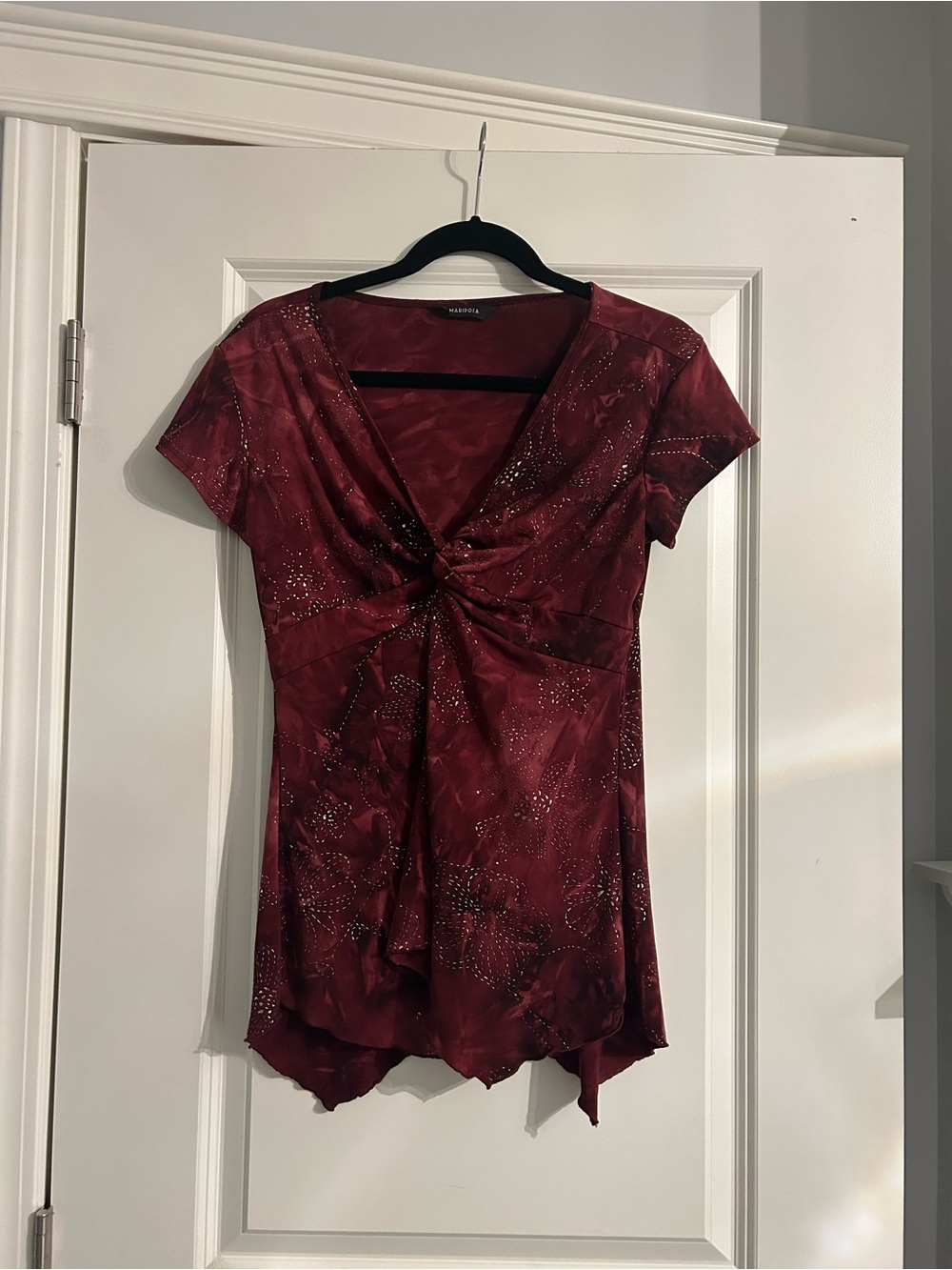 Burgundy Twist-Front Short Sleeve Blouse